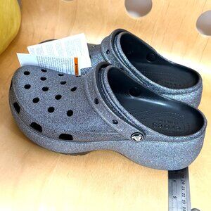 NWT CROCS Silver Glitter Platform Comfort Clogs Womens Size 10 Sparkly New